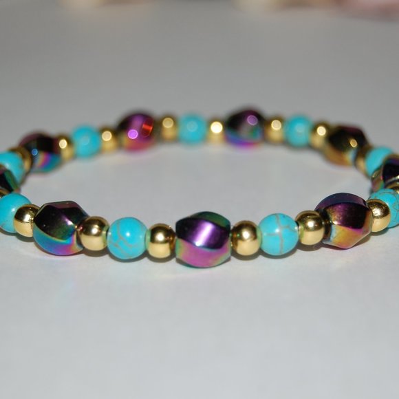 Rainbow Magnetic Hematite Bracelet,Blue Turquoise Beads Bracelet,Pretty - Picture 2 of 3